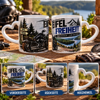 Eifel Freiheit – Motorrad-Tasse „Zwei Räder, ein Gefühl“ | Eifel-Motiv mit Herzhenkel