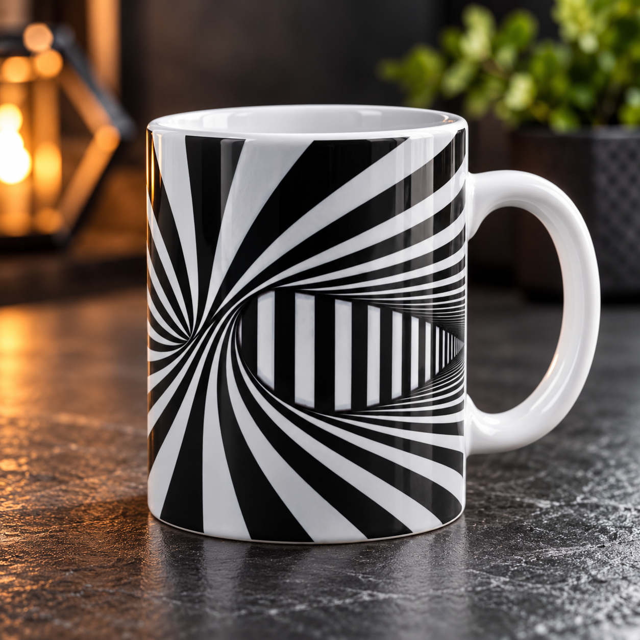 3D Illusion Tasse – Schwarz-Weiß Spirale mit Tunnel-Effekt